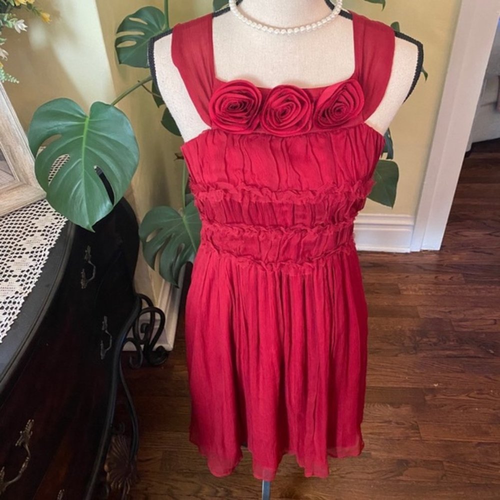 Anthropologie Burlapp Silk Rosette Lined Red Dress